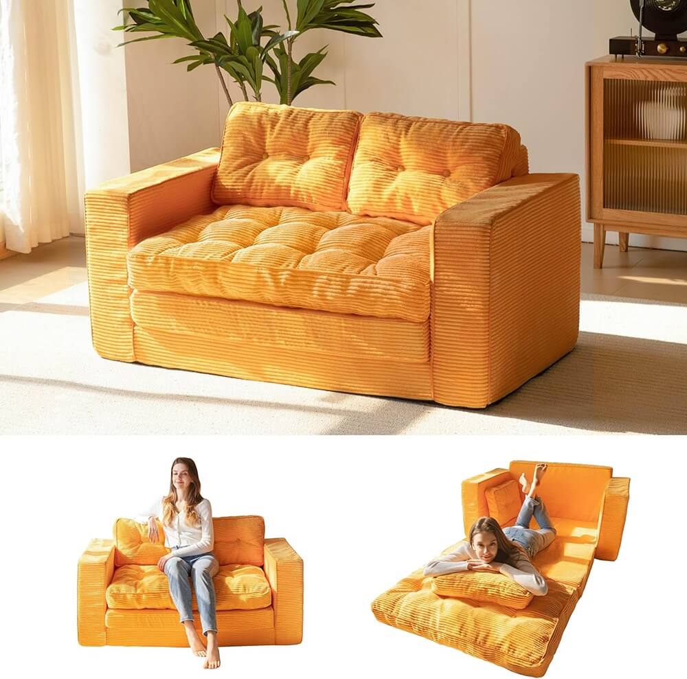 2 in 1 Folding Loveseat Boneless Couch, Fold Out Floor Couch with Pillows for Living Room Bedroom Lounge