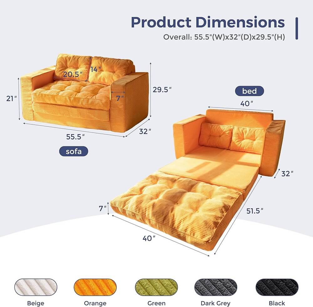 2 in 1 Folding Loveseat Boneless Couch, Fold Out Floor Couch with Pillows for Living Room Bedroom Lounge