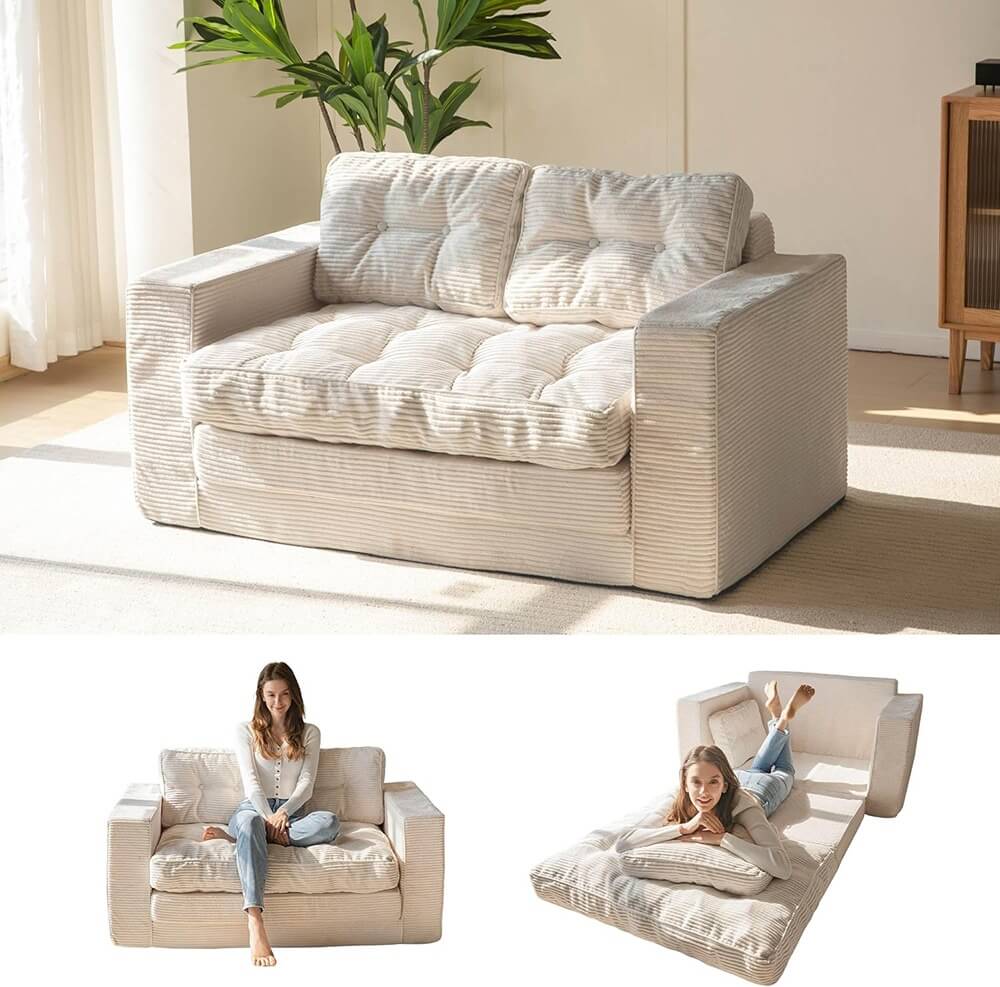 2 in 1 Folding Loveseat Boneless Couch, Fold Out Floor Couch with Pillows for Living Room Bedroom Lounge