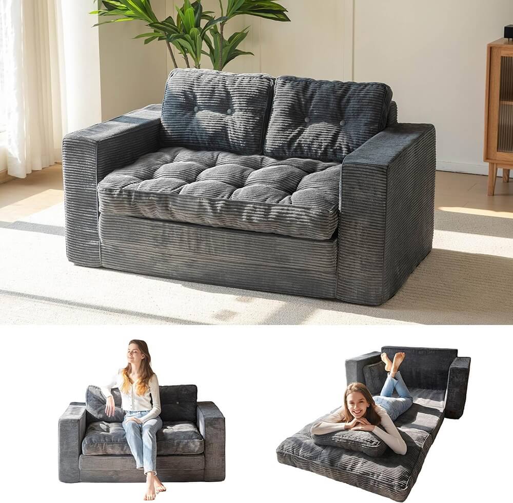 2 in 1 Folding Loveseat Boneless Couch, Fold Out Floor Couch with Pillows for Living Room Bedroom Lounge