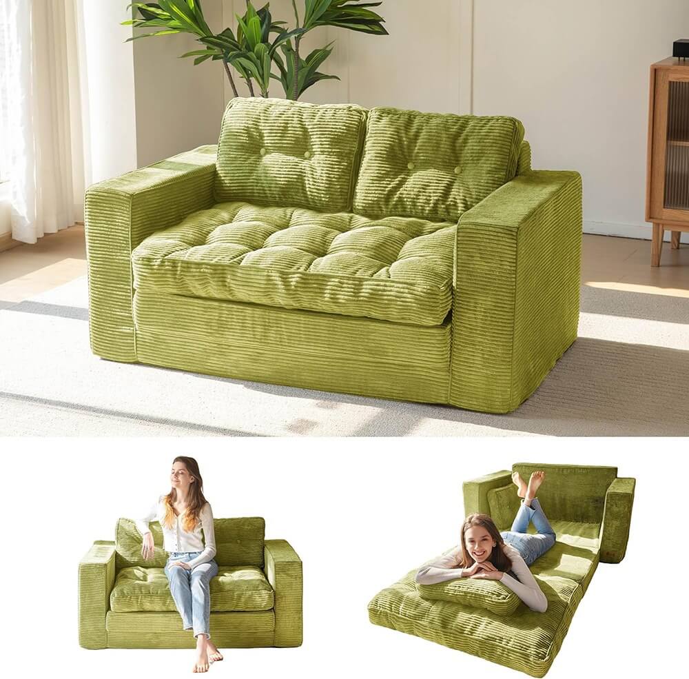 2 in 1 Folding Loveseat Boneless Couch, Fold Out Floor Couch with Pillows for Living Room Bedroom Lounge