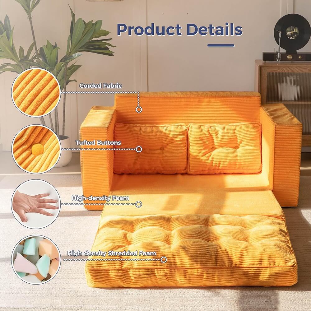 2 in 1 Folding Loveseat Boneless Couch, Fold Out Floor Couch with Pillows for Living Room Bedroom Lounge