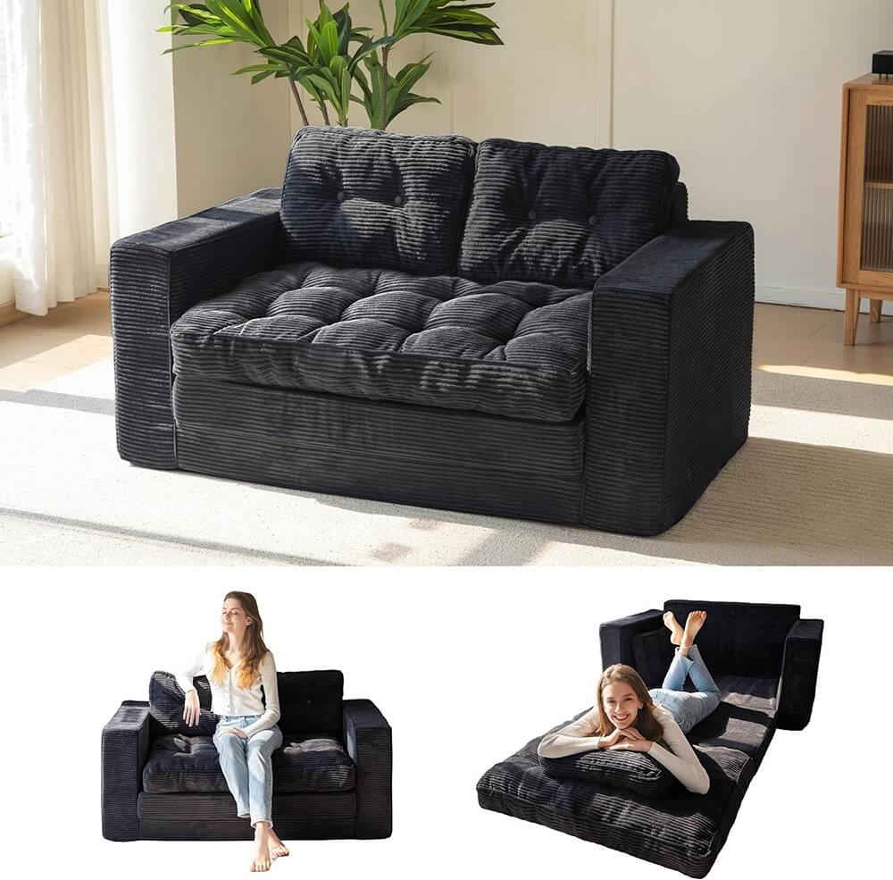 2 in 1 Folding Loveseat Boneless Couch, Fold Out Floor Couch with Pillows for Living Room Bedroom Lounge