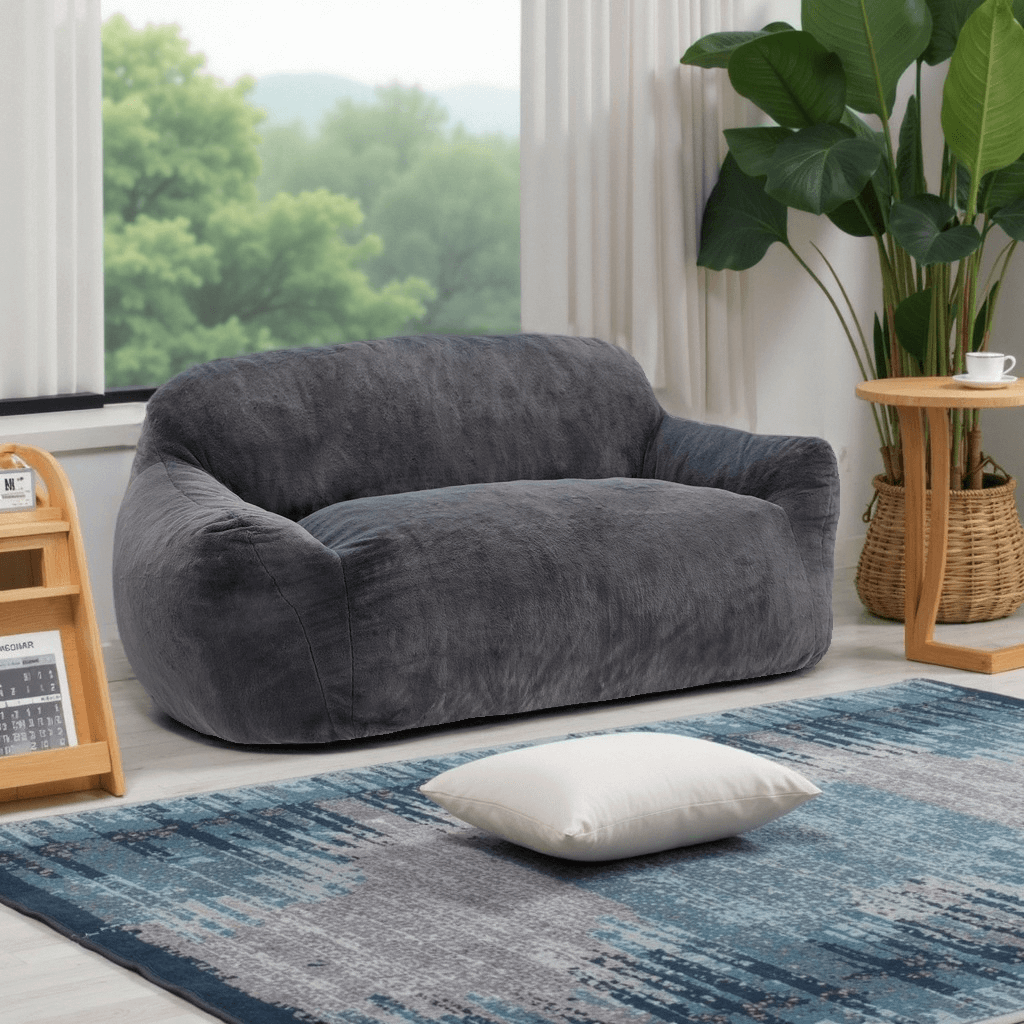 Loveseats Couch Foam Stuffed Floor Sofa with Soft Faux Fur Cover & Wide Armrests