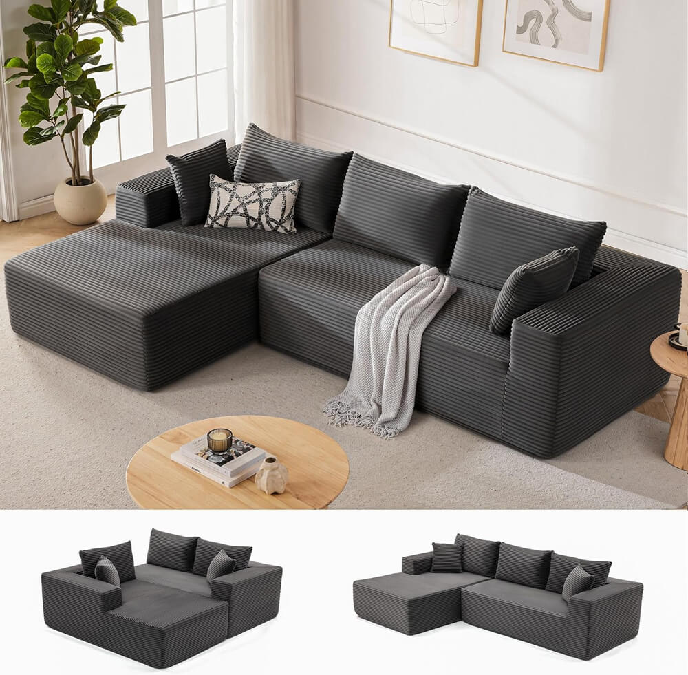 Sectional Couch with Comfy Chaise, Boneless L Shape Sofa with Deep Seat