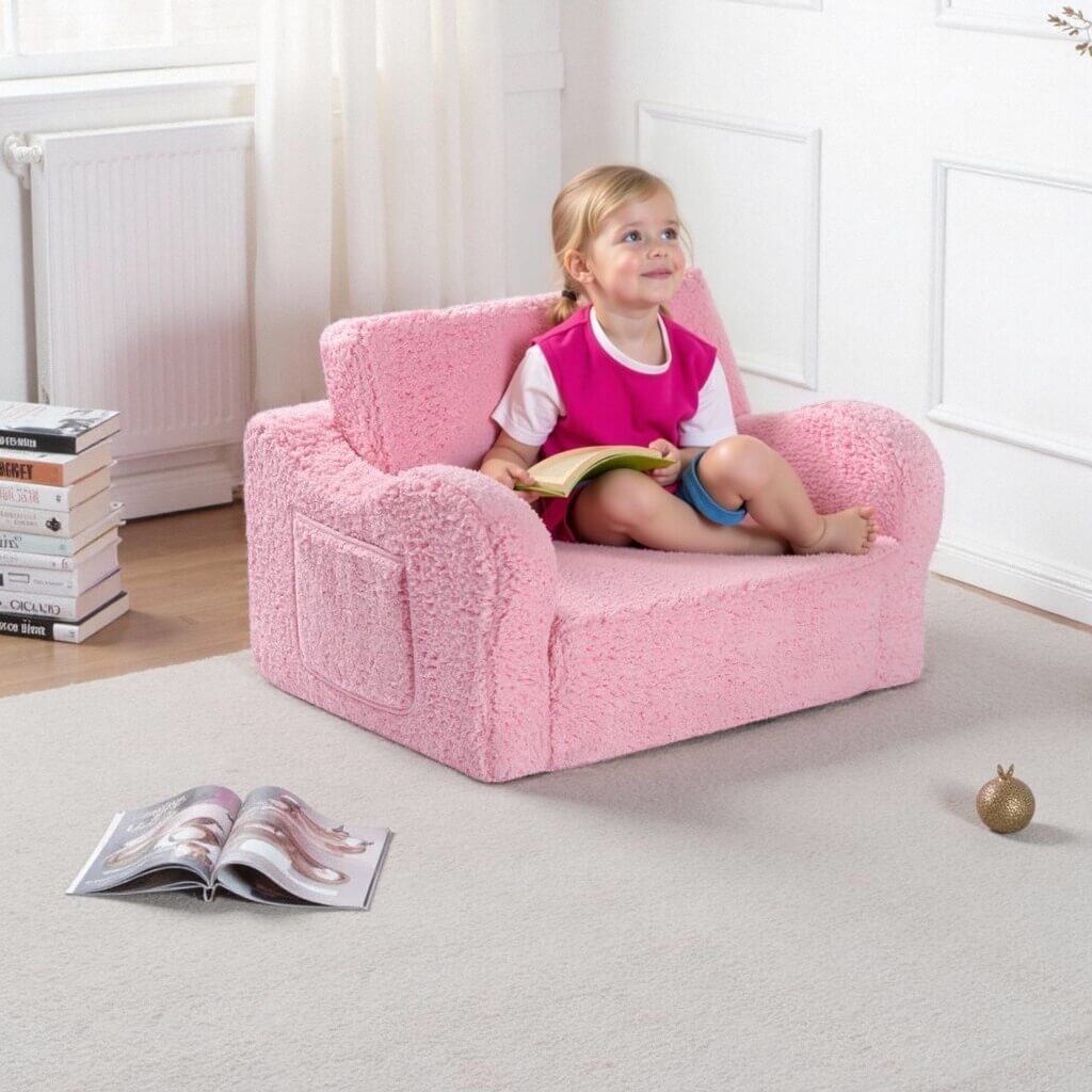 Kids Chairs for 2-in-1 Toddler Soft Sherpa Couch Fold Out Lounger for Girls and Boys