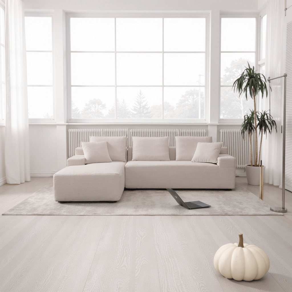 L-Shaped Boucle Fabric Modular Upholstered Floor Sofa with Chaise Lounge