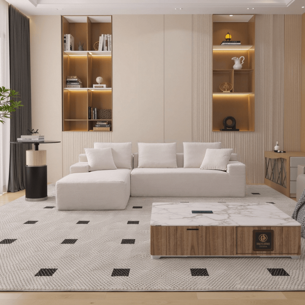 L-Shaped Boucle Fabric Modular Upholstered Floor Sofa with Chaise Lounge