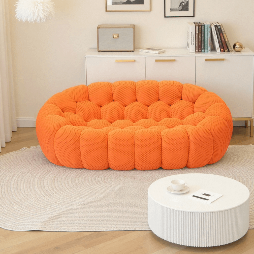 Loveseat Sofa, Memory Foam Mesh Fabric Round Lazy Floor Couch, Bubble Sofa with 3D Honeycomb Shape Curved Sofas for Living Room