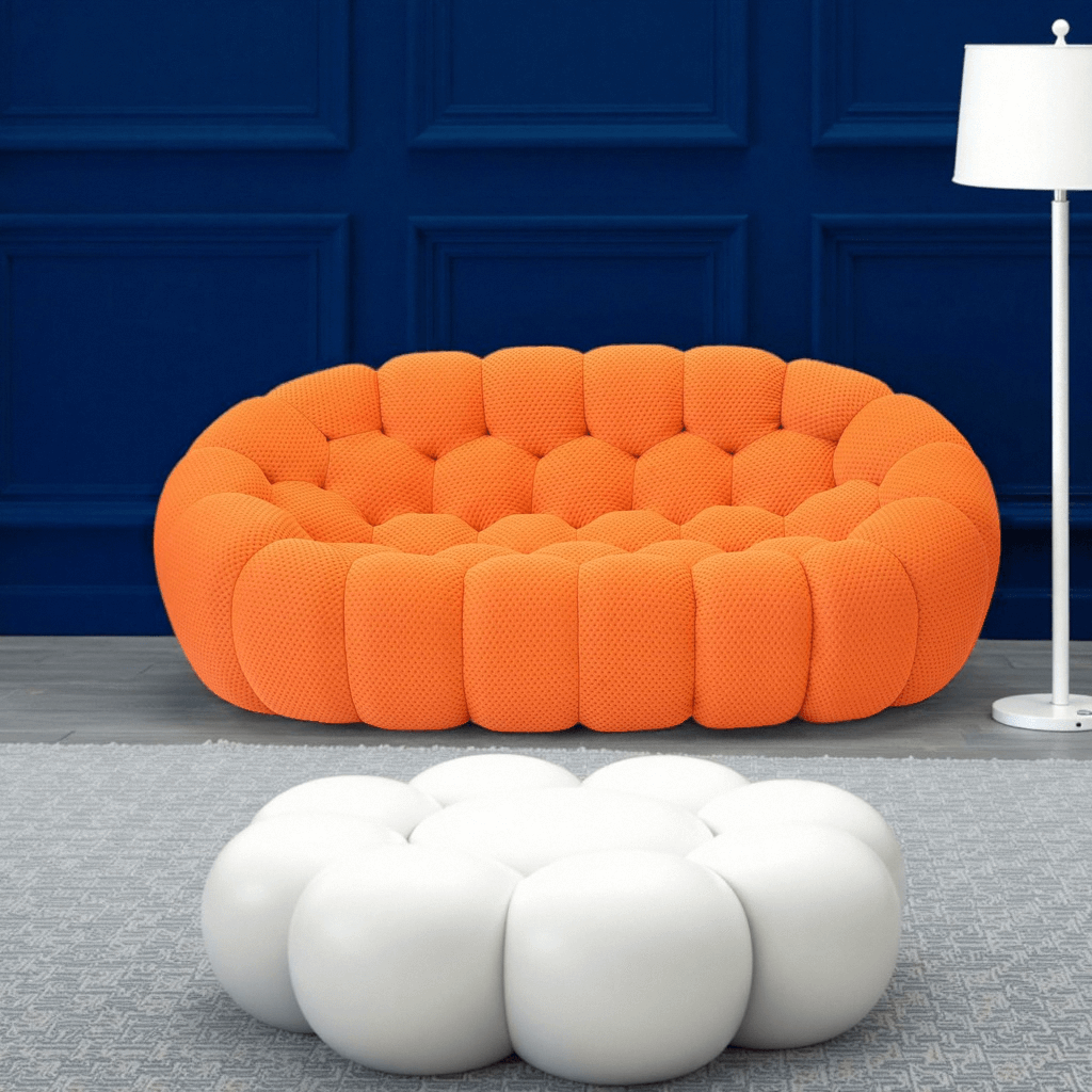 Loveseat Sofa, Memory Foam Mesh Fabric Round Lazy Floor Couch, Bubble Sofa with 3D Honeycomb Shape Curved Sofas for Living Room