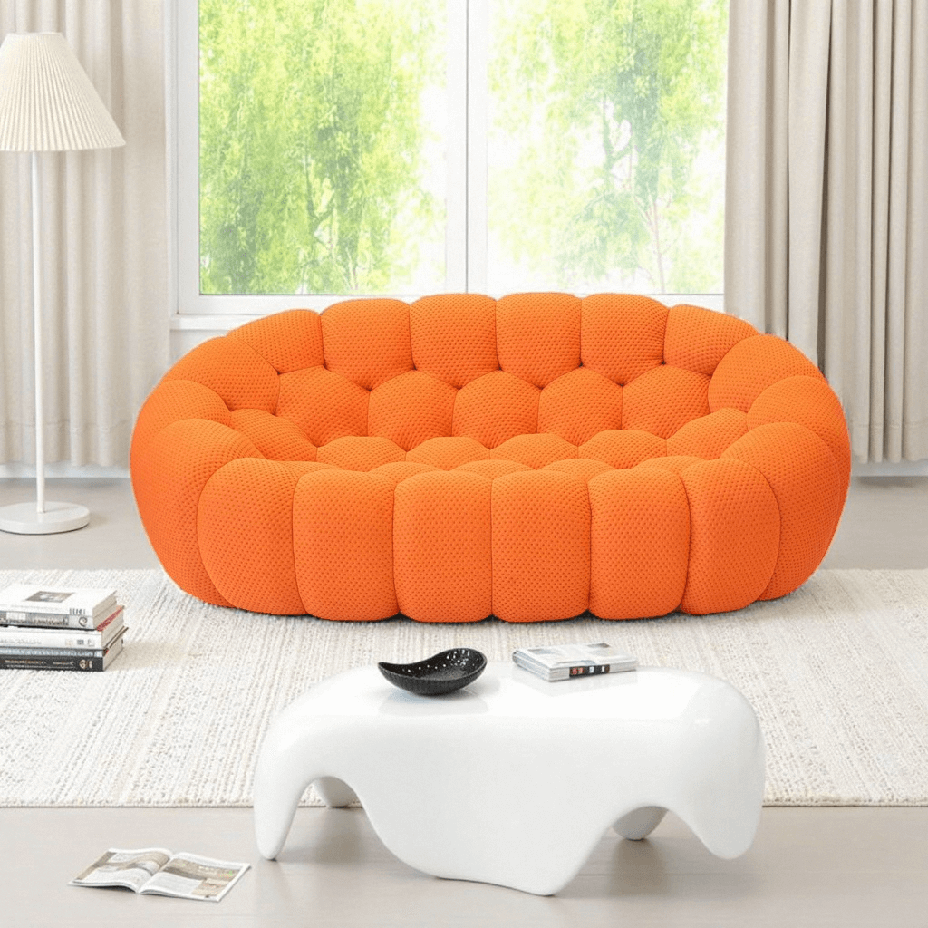 Loveseat Sofa, Memory Foam Mesh Fabric Round Lazy Floor Couch, Bubble Sofa with 3D Honeycomb Shape Curved Sofas for Living Room