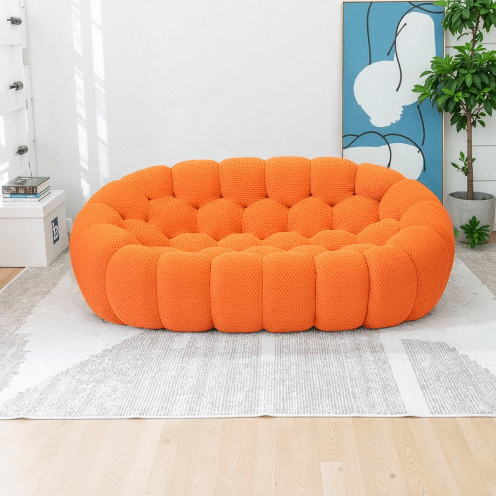 Loveseat Sofa, Memory Foam Mesh Fabric Round Lazy Floor Couch, Bubble Sofa with 3D Honeycomb Shape Curved Sofas for Living Room