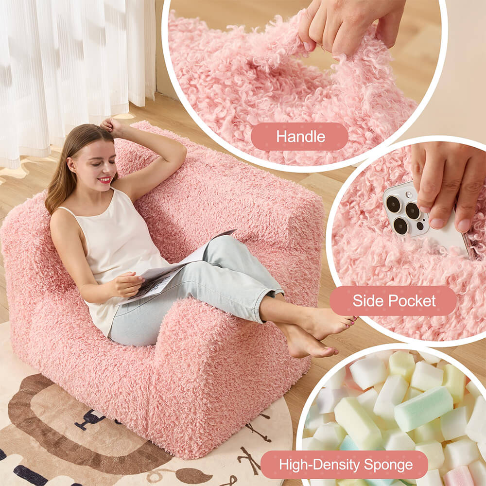 Boneless Chaise Lounge Foam Filled Chair, Toddler Cuddly Sherpa Reading Couch for Living Room