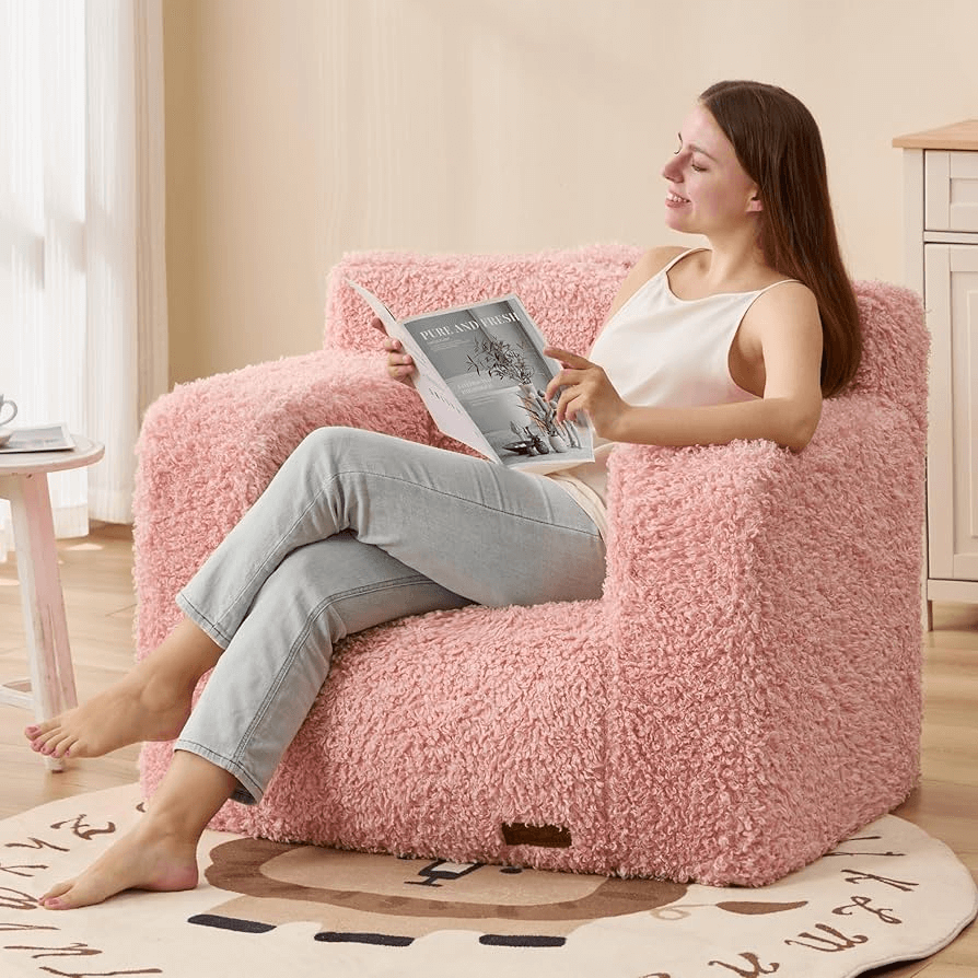 Boneless Chaise Lounge Foam Filled Chair, Toddler Cuddly Sherpa Reading Couch for Living Room