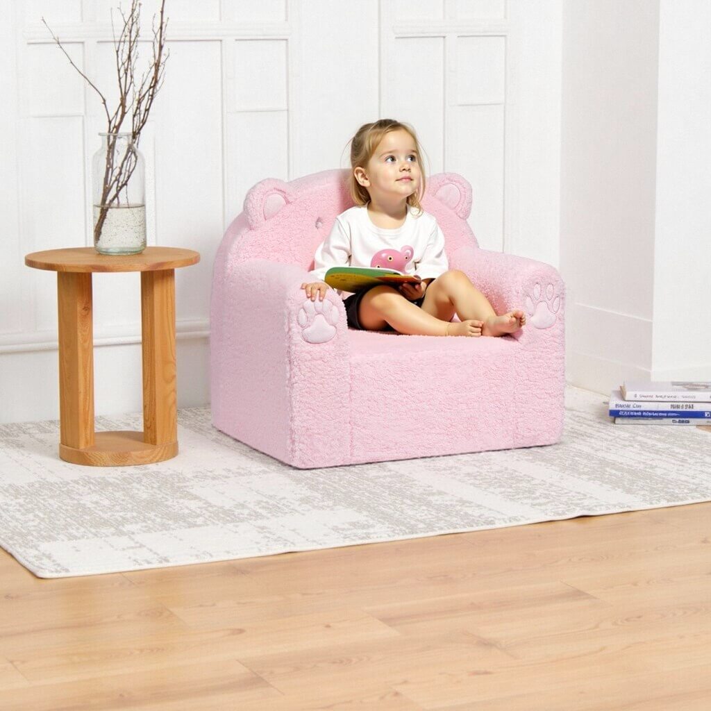 Toddler Couch Ultra-Soft Snuggle Chair, Comfy Sherpa Foam Filled Lovely Bear Sofa, Kids Cozy Corner Play Couch for Boys and Girls