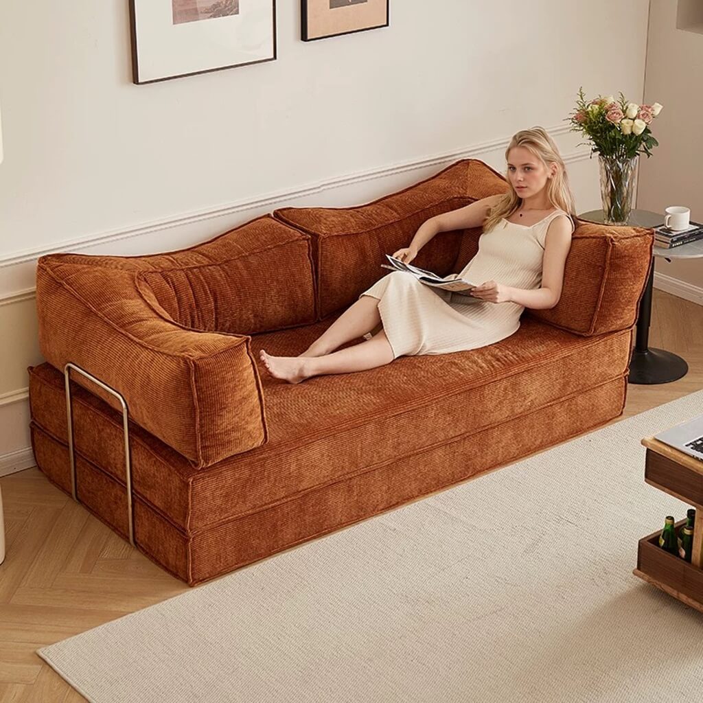Modular Sofa Bed, Boneless Convertible Futon with Memory Foam & Corduroy Fabric